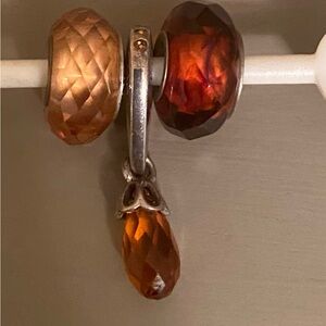 Chamilia Lot 3 Sterling Silver Beads Murano Glass Champagne Brown Briolette NEW